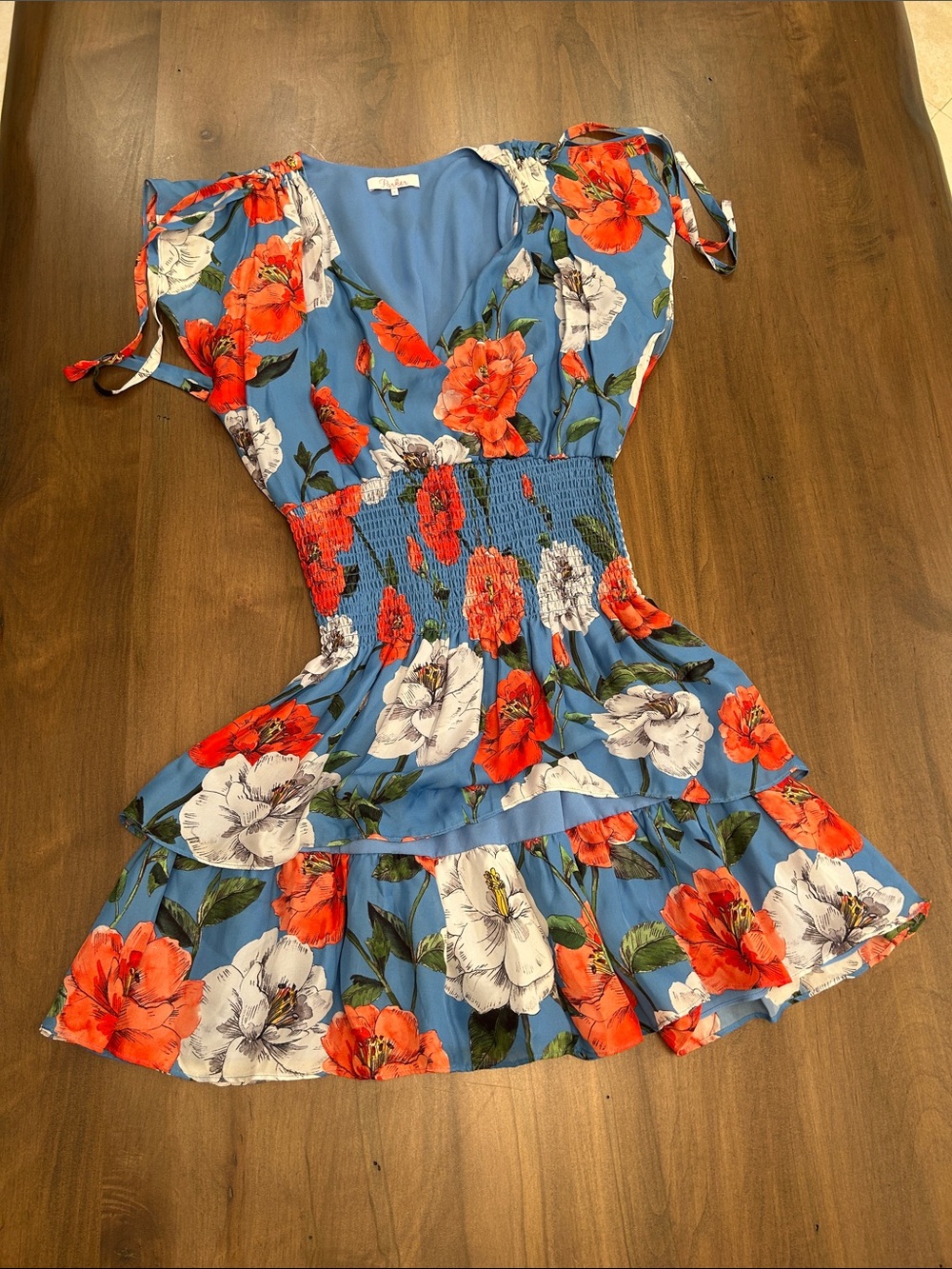 Parker Blue Mini Dress with Red and White Floral Print